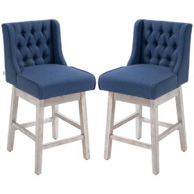 HOMCOM 27" Swivel Bar Stools Set of 2, Counter Height with Linen Upholstery and Button Tufted Design, Blue