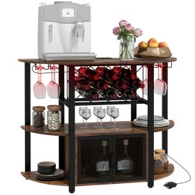HOMCOM Wine Liquor Cabinet, Mini Bar Table Wine Stand with Charging Station, LED Lighted & Glass Holders for Home, Rustic Brown