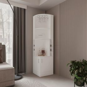 White Corner Bar Cabinet with Wine Storage and Glass Rack