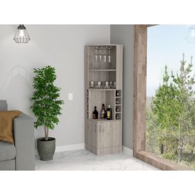 Syrah Corner Bar Cabinet, Eight Bottle Cubbies, Double Door, Two Open Shelves Light Gray