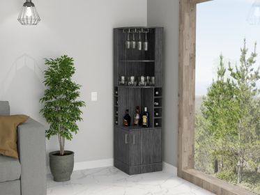 Syrah Corner Bar Cabinet, Eight Bottle Cubbies, Double Door, Two Open Shelves -Smokey Oak