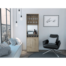 Prana Bar Cabinet, Two Shelves, Five Built-in Wine Rack, Double Door -Light Oak