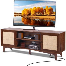 VEVOR Rattan TV Stand for 75in TV, Boho TV Stand with Rattan Door, Entertainment Center with Build-in Socket, Storage Cabinet with 2 Shelves