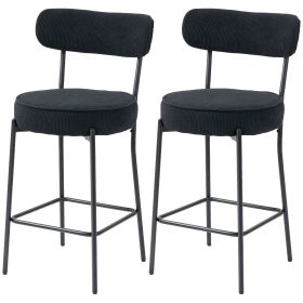 Set of 2 Barstools, Upholstered Corduroy Bar Stools with Backrest, Footrest for Kitchen Island, Dining Room, Black