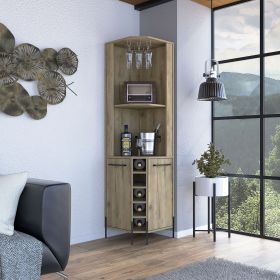 Hans Corner Bar Cabinet, Two Shelves, Five Built-in Wine Rack-Macadamia (Color: as Pic)