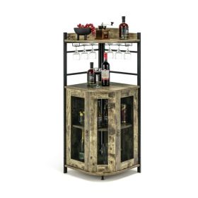 Industrial Corner Bar Cabinet with Glass Holder and Adjustable Shelf (Color: Taupe)
