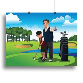Grandfather teaching his grandson playing golf Canvas Print or Poster (Type: Standard Framed Canvas Print, size: Large (24" x 16"))